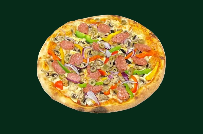 Salsiccia pizza med italiensk korv, rödlök, champinjoner och chili