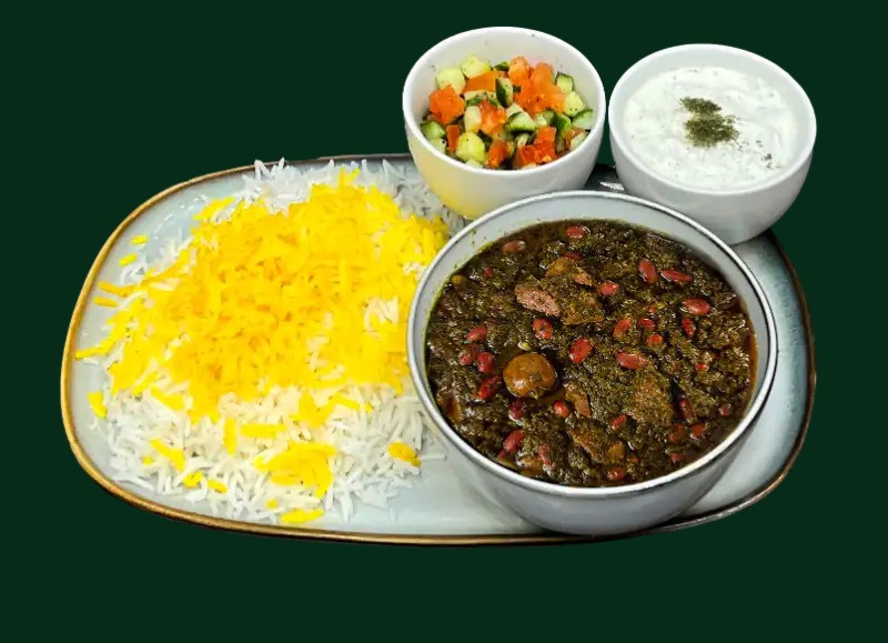 Ghormeh Sabzi med lamm, örter, kidneybönor och saffransris