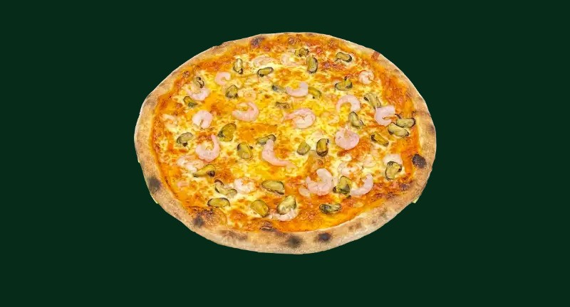 Marinara pizza med räkor, musslor, vitlök och ruccola